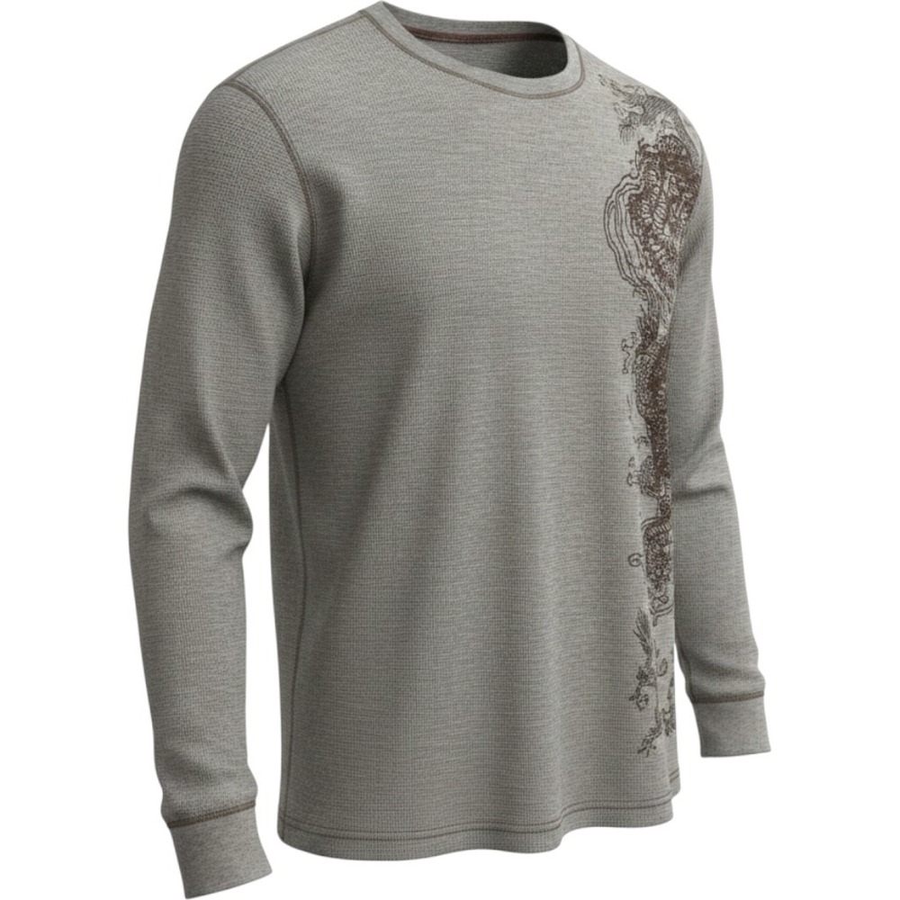 Vintage Y2K Mens Gray Waffle Knit Thermal Long Sleeve Dragon Graphic Print Shirt
